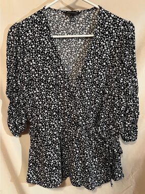 Banana Republic Black and White Floral Wrap Blouse